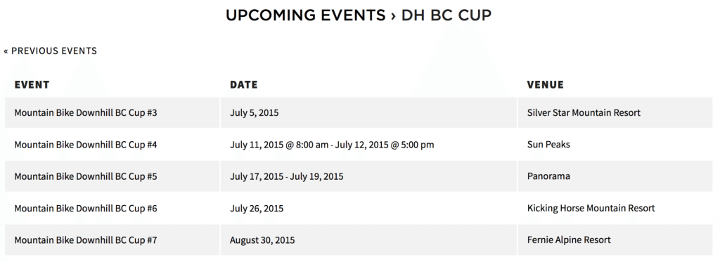 BC Downhill Cup upcoming events schedule.