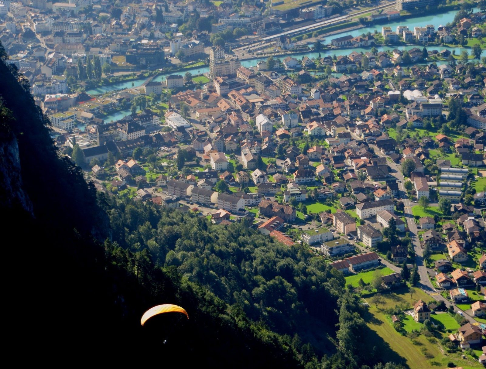 Paragliding over the town of Interlaken, Switzerland.