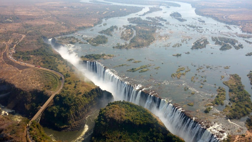 The magnificent Victoria Falls, from above, with mist and spray that reaches a height of 400 meters.