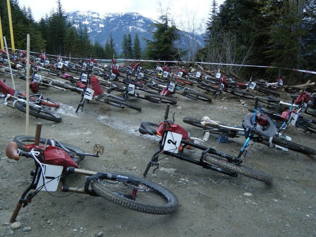 Bikes in waiting for the Crud 2 Mud in the Whistler Bike Park.