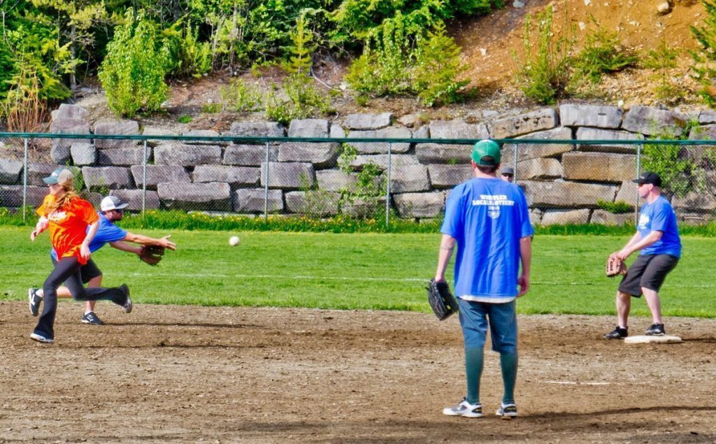 Players on field during a Whistler slo pitch softball game.
