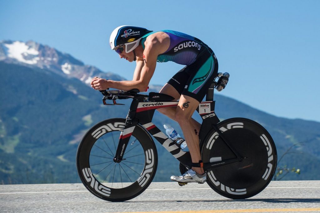 A competitor cycling during the Ironman Whistler.