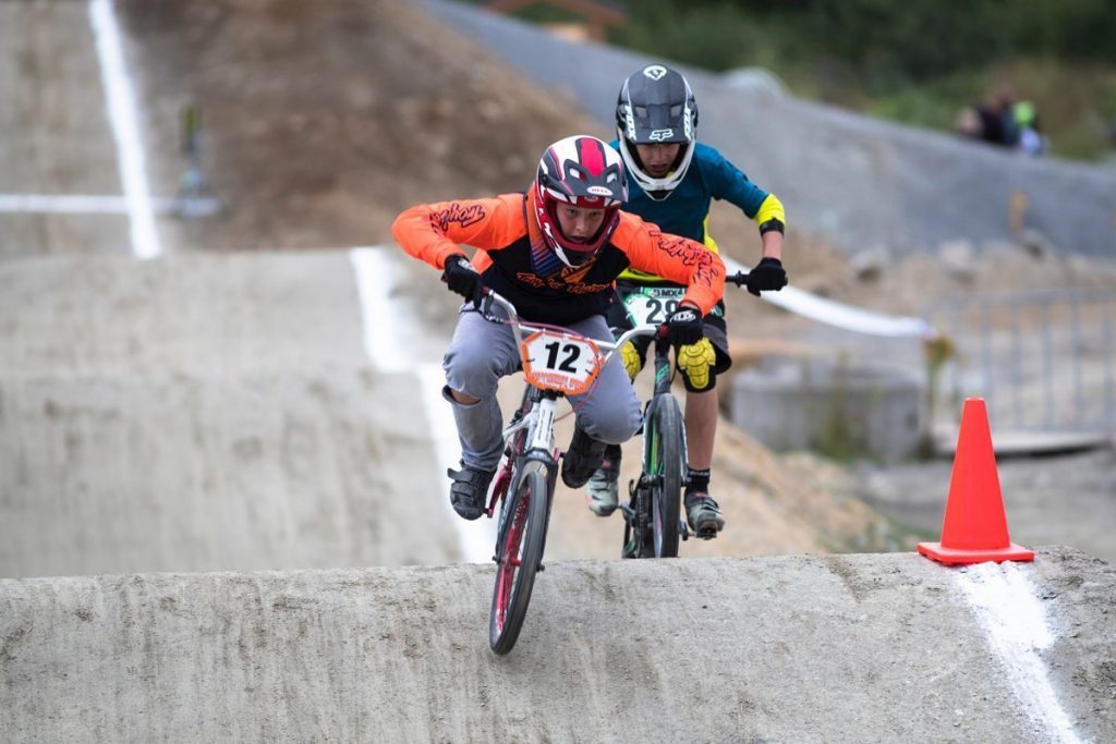 BMX racers battle it out on the Whistler track.
