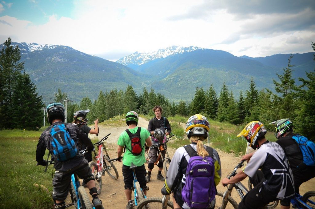Paul Howard coaching a group in the Whistler Bike Park.