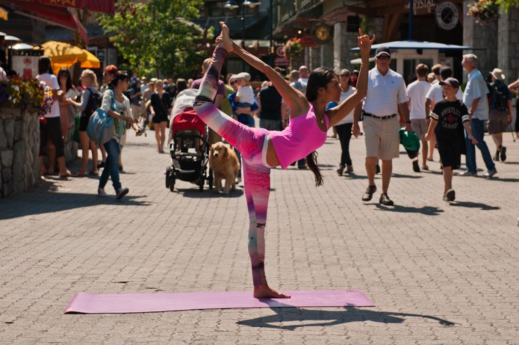 Yoga in the heart of Whistler Village as part of the Wanderlust Festival.