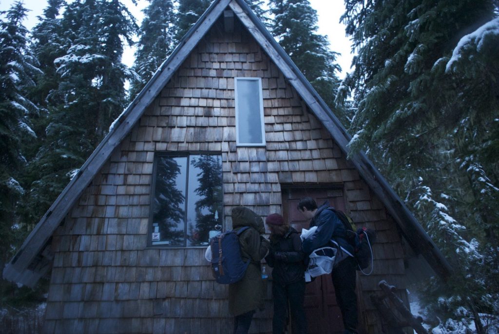 Arriving at the backcountry hut.