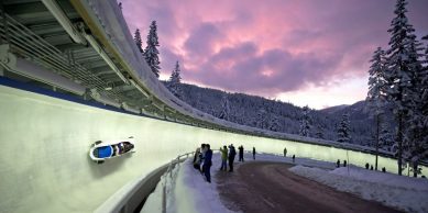 Bobsleigh track at night.