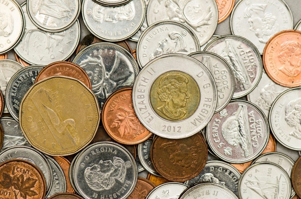 A variety of Canadian coins.