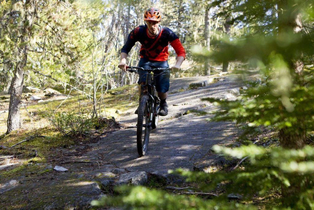 Riding the rocks on Whistler's cross-country biking trails.