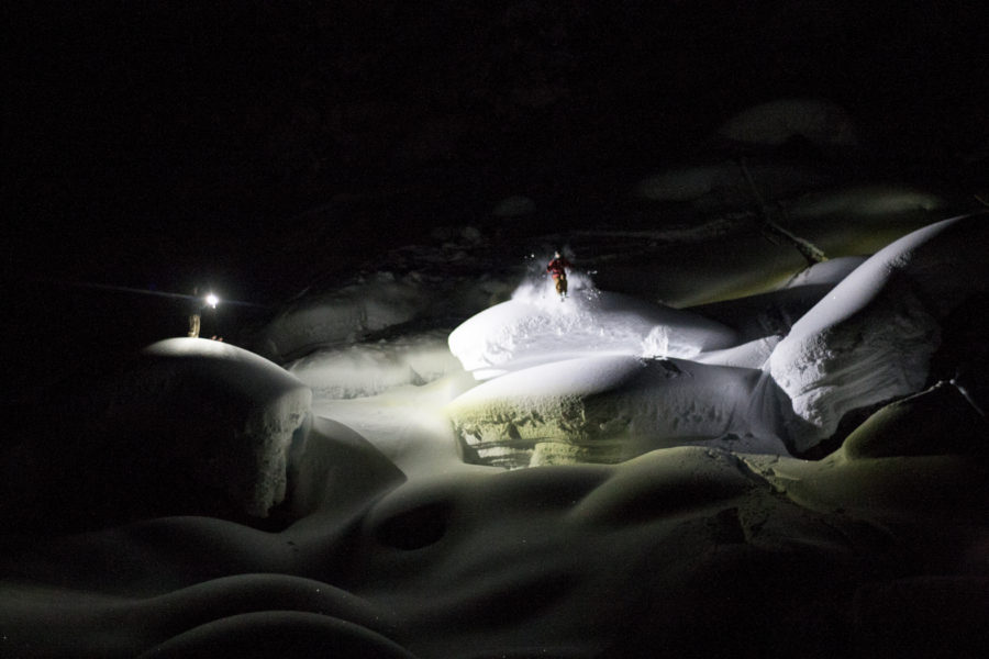 The film crew lit up the skiers with the custom build ultra bright light.