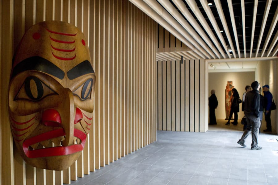 An indigenous piece of art features prominantly on a wall of the Audain Art Museum.